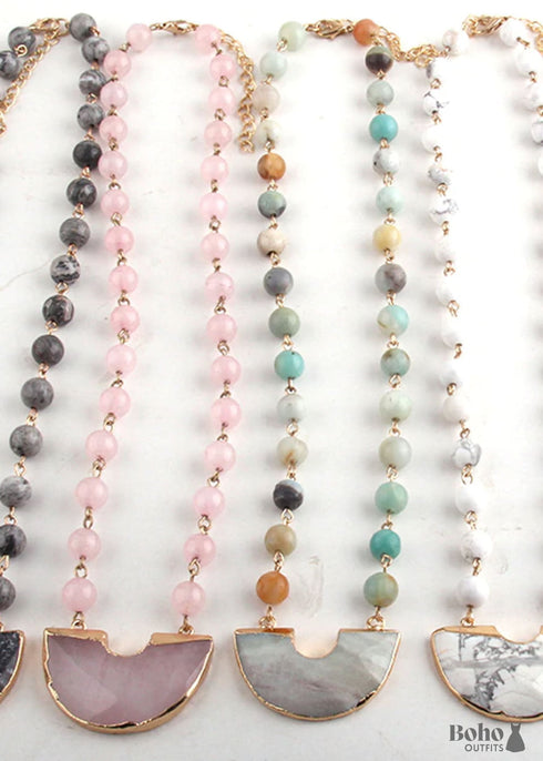 Boho Necklace, RH Rose Quart Amazonite, Half Moon Pink Natural Stone